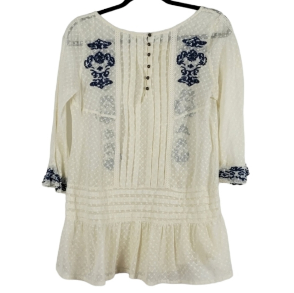 FREE PEOPLE Peplum White Lace Top Blue Embroidery Size Small - Picture 4 of 9
